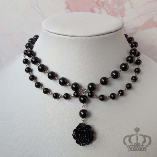 Collar perlas doble dije Rosa (negro)